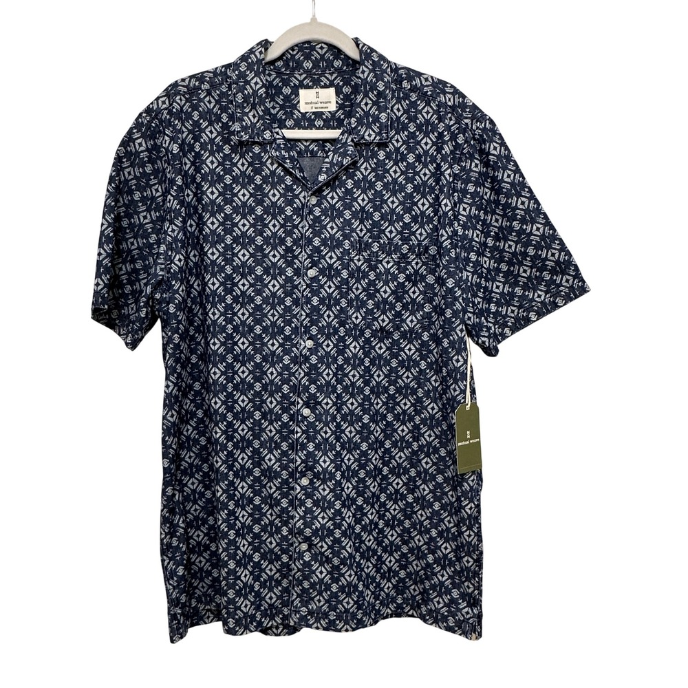 Mutual Weave Button Down Shirt Mens LT Blue Indigo Tile NWT Short Sleeve Cotton